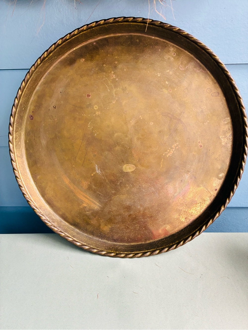 Vintage Handmade Swedish Copper Serving Tray 15.5" - Rare Scandi Rope Rim Platte